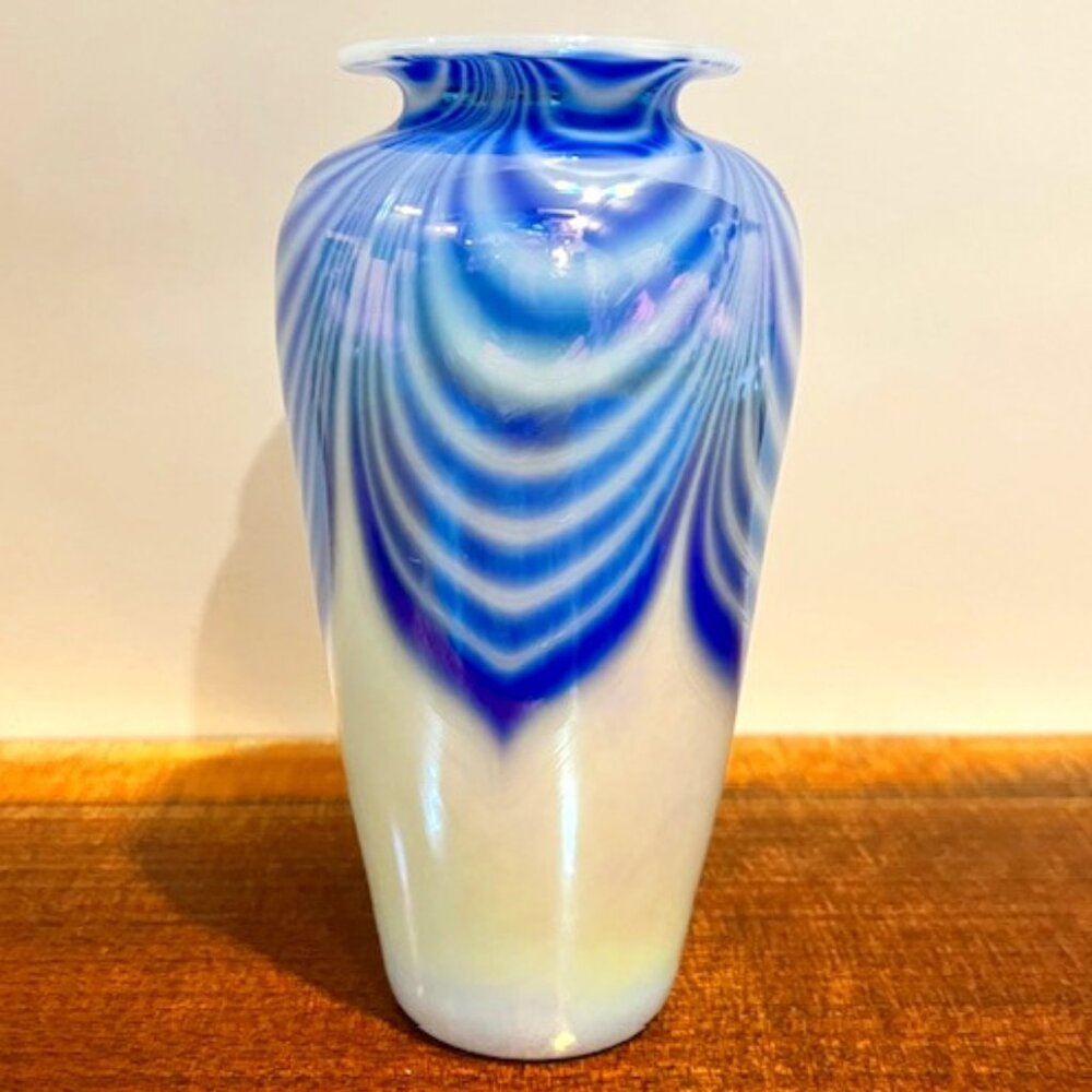 OBG Ornamental Blown Glass Seattle Iridescent Blue Pulled Feather Signed Vase